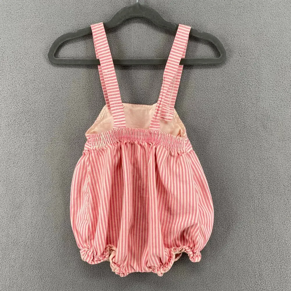 Vtg 80s 90s Offspring Playsuit Jumper Romper Girls 24M Pink Stripe Tulips Cotton